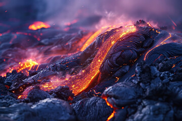 Generative ai on theme of erupting volcano with cascading hot lava surrounded thick white smoke