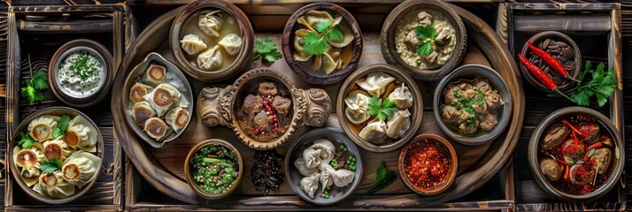 Asian Dishes Set, Azerbaijani Dumplings Giurza with Lamb Meat and Mutton Fillet in Ceramic Bowls
