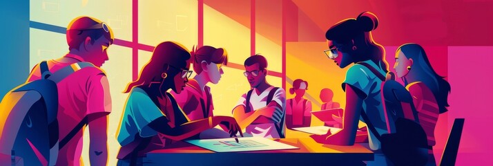 A group of diverse students are working together on a project, symbolizing collaboration, innovation, creativity, teamwork, and education.