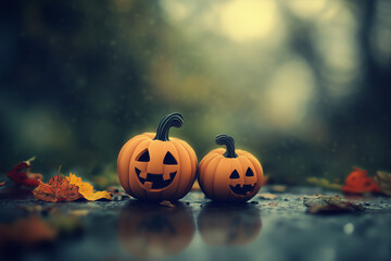 Adorable Halloween Illustration: Two Cute Little Pumpkin lanterns with Playful Expressions