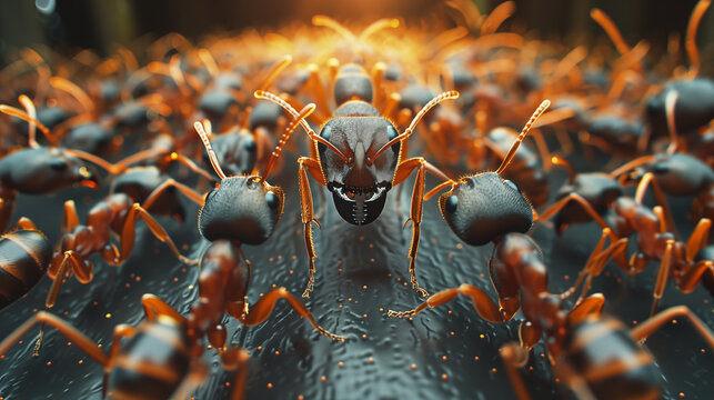Macro view of menacing ant colony in extreme detail. Concept of insect behavior and collective intelligence in nature.
