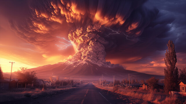 Massive volcanic eruption engulfs rural landscape with fiery ash cloud and lightning. Concept of natural disaster and geological power.