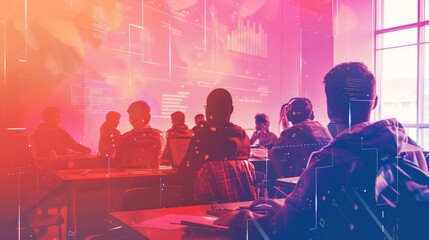 A group of students in a classroom setting, focused on their digital devices. The room is filled with technology and data, symbolizing the importance of digital literacy, coding, and the future of edu