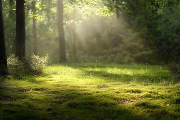 Fototapeta premium The morning sun filters through the dense canopy, casting dappled light on the forest floor where dewdrops glisten like jewels. 