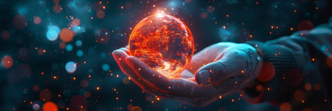 A hand gently cradles a fiery globe, symbolizing the planet Earth, climate change, responsibility, protection, and hope.
