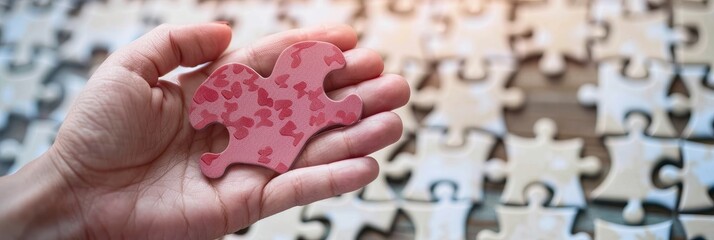 A hand holds a pink puzzle piece against a backdrop of a larger unfinished puzzle, symbolizing the importance of finding the right solution, completing a task, and achieving goals.