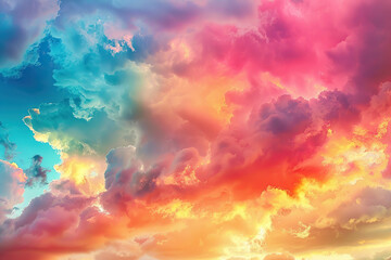 Generative ai on theme of beautiful tranquil landscape with magical bright rainbow at cloudy sky