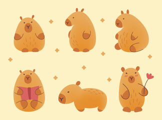 Cute hand draw capybara set on beige background.Childish,kids print. Vector illustration. Cartoon characters. Capybara with flower, book. Siiting capybara.Flat style with mesh gradient.
