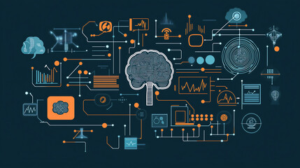 flat vector illustration depicting a digital brain and various icons representing artificial intelligence, such as circuit boards, data curves, neural networks, and graphs