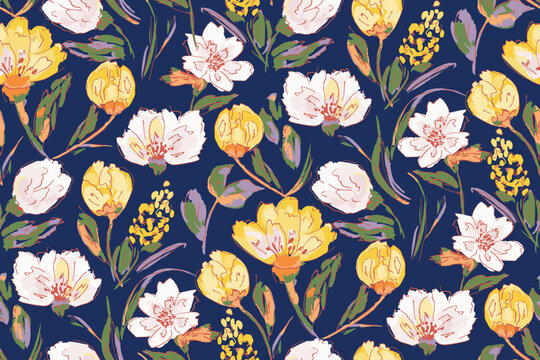 Cute feminine watercolor seamless pattern with wildflowers.hand drawn, not AI