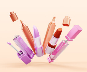 3d flying makeup products, beauty cosmetics explosion render mockup banner. Luxury promo poster with red lipstick, pink liquid lip gloss tube, nude lip stain tint on beige background. 3D illustration