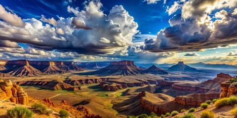 Breathtaking panoramic view of majestic mountain ranges, vast valleys, and deep canyons set against a vibrant blue sky with dramatic cloud formations in the desert landscape.
