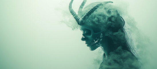 Profile of a Horned Skull in Foggy Mist with Copy Space for Custom Text Graphic
