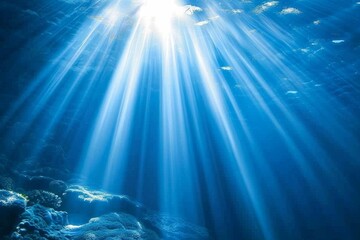 Obraz premium Underwater Sun Rays, Deep Water Sunlight, Under Sea Sunbeams Background, Blue Ocean Bottom