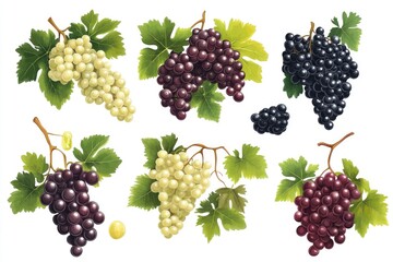 Grapes with leaves on white