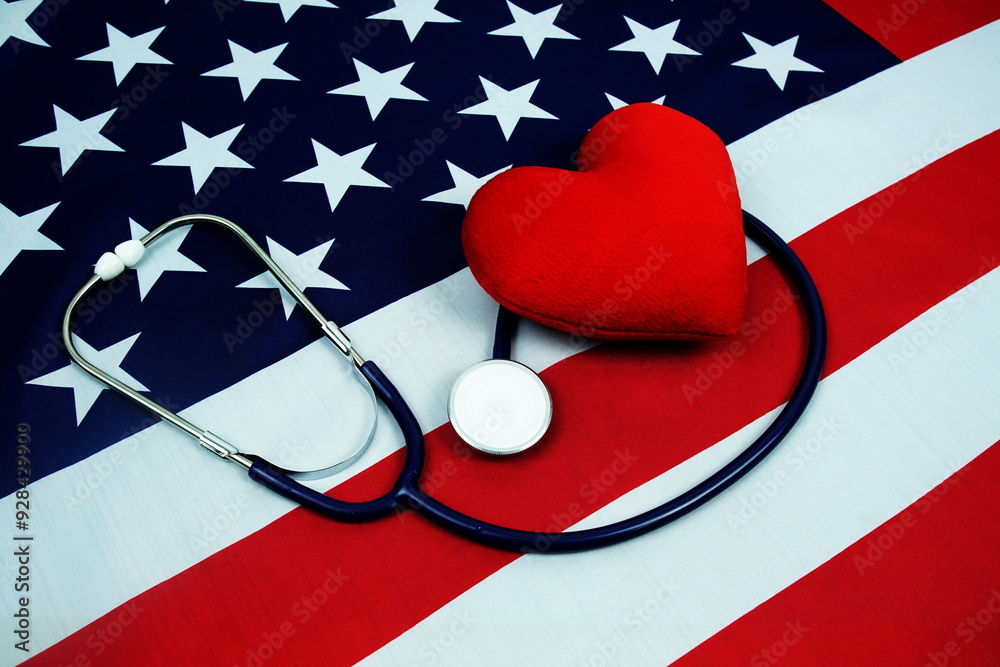 Wall mural stethoscope medical equipment on usa flag health care concept