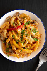 Homemade Fajita Pasta Bake on a Plate, top view.