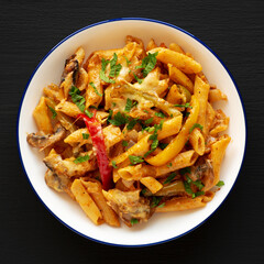 Homemade Fajita Pasta Bake on a Plate, top view.