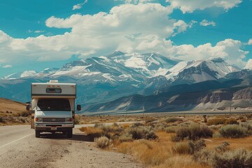 Scenic mountain view with parked RV on roadside exploring USA