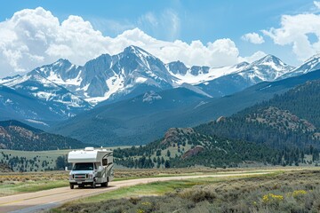 Scenic mountain view with parked RV on road trip in USA