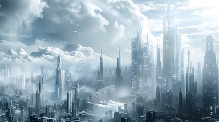 Futuristic city skyline with advanced technology and towering skyscrapers