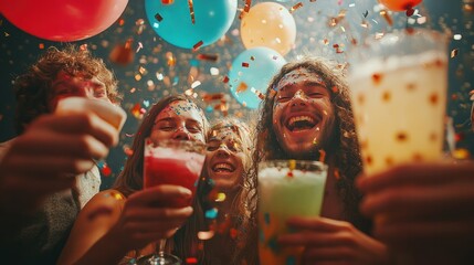 Fototapeta premium Friends celebrating with colorful drinks, surrounded by balloons and streamers, at a birthday party filled with joy and excitement.