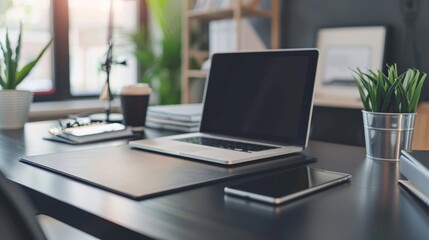 A minimalist workspace featuring a laptop, smartphone, and a potted plant on a sleek black desk. It symbolizes productivity, technology, and a touch of nature in a professional environment.