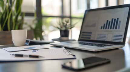 A minimalist workspace with a laptop displaying a chart, a clipboard with papers, a smartphone, and a coffee mug. The image represents productivity, business, and technology.