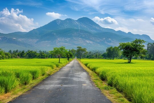 Scenic paddy fields with road and mountains in South India