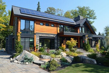 Modern Luxury Home with Stone and Wood Exterior and Solar Panels