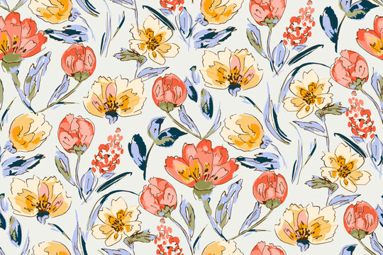 Cute feminine watercolor seamless pattern with wildflowers.hand drawn, not AI
