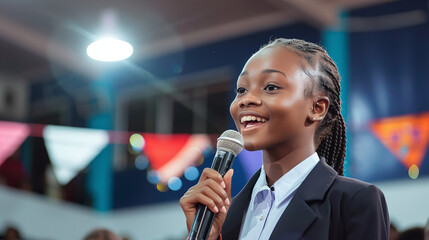 A smiling teenage girl in a stylish school uniform participates in a school event in the assembly hall and performs on stage in front of an audience
