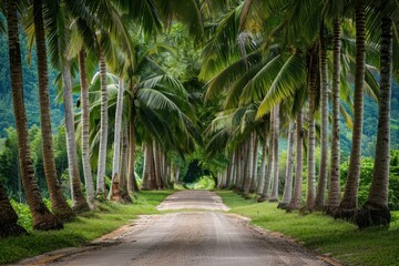 Scenic rural area with rows of coconut trees creating a beautiful atmosphere