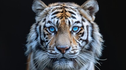 Fototapeta premium tiger, black background, blue eyes, symmetrical composition, closeup photo of face