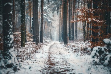 Scenic snowy trail in Belgian forest close up view Perfect for winter backgrounds