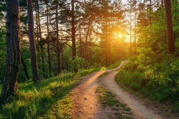 Fototapeta premium Scenic trail in woods with sunset view perfect for hiking or biking