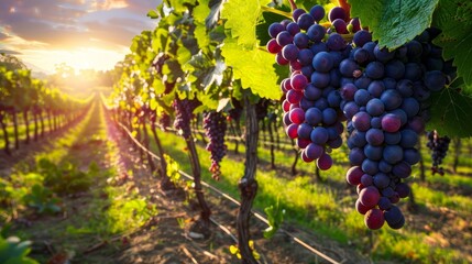 Fototapeta premium A picturesque vineyard bathed in the warm glow of a setting sun, showcasing rows of lush vines heavy with ripe, juicy grapes. This image symbolizes abundance, harvest, and the beauty of nature.