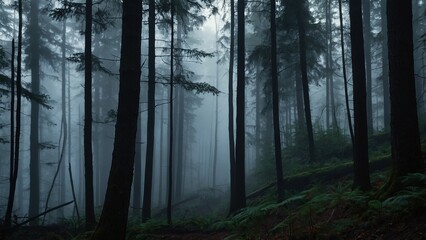 Fototapeta premium fog in the forest, dark mystical atmosphere, misty woods