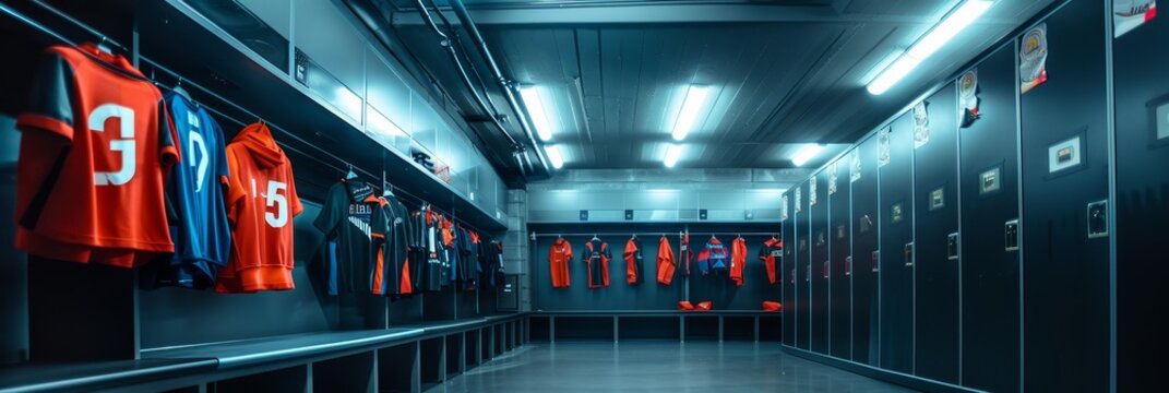 A professional sports team's locker room with jerseys hanging on hooks, showcasing teamwork, dedication, and the spirit of competition.
