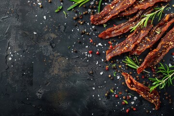 Fototapeta premium Tasty dried meat jerky with seasoning on dark surface
