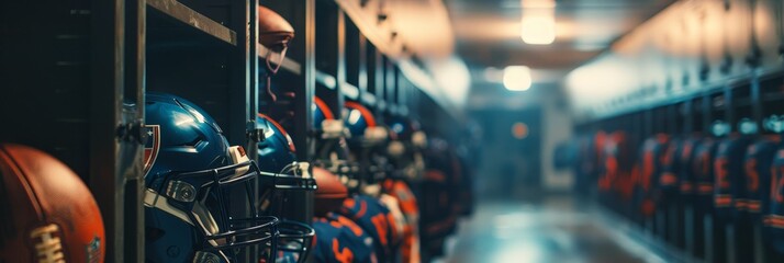 Fototapeta premium A row of football helmets and jerseys hang in a locker room, symbolizing teamwork, competition, sportsmanship, dedication, and achievement.