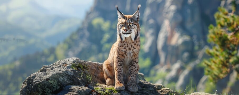 Majestic lynx sitting on a rock, 4K hyperrealistic photo