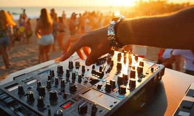 Dj mixing outdoor at beach party festival with crowd of people at sunset