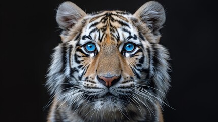 Fototapeta premium tiger with blue eyes on a black background in a symmetrical