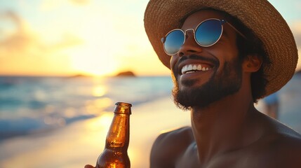 A happy man enjoying a beer from a bottle at sunset on a beach, with the warm glow of the setting sun highlighting his joyful expression.