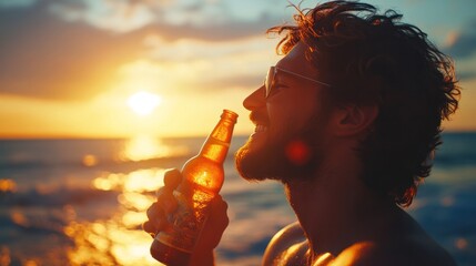 A happy man drinking beer from a bottle at sunset on the beach, with the sun setting behind him, creating a warm, inviting atmosphere.