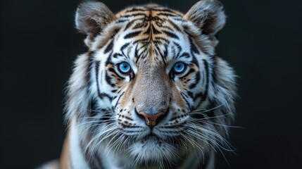 Fototapeta premium tiger with blue eyes on a black background in a symmetrical