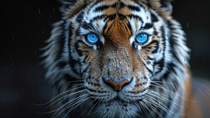 tiger with blue eyes on a black background in a symmetrical