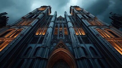 Naklejka premium Low angle view of an illuminated Gothic cathedral facade with dramatic clouds in the background.