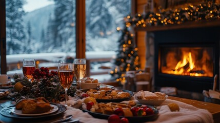 A cozy winter living room, with a glowing fireplace and a table spread with comforting food and warm drinks near a snow-filled window. © Attasit